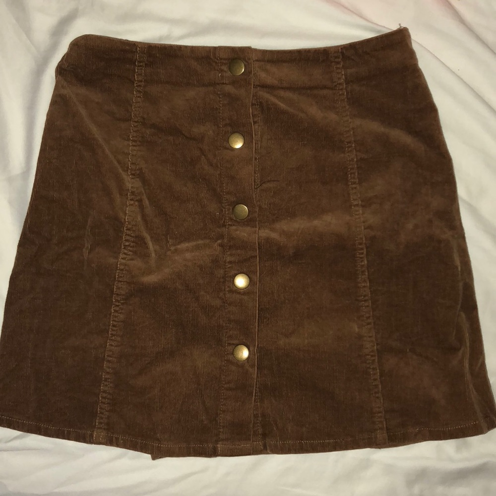 BROWN A-LINE CORDUROY BUTTON DOWN SKIRT